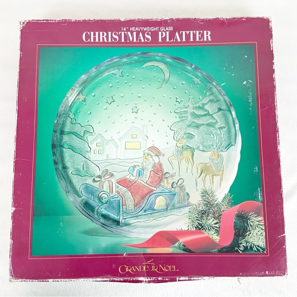 Vintage Grandeur Noel Painted Glass Santa Reindeer Round Christmas Platter 14” - Picture 1 of 10